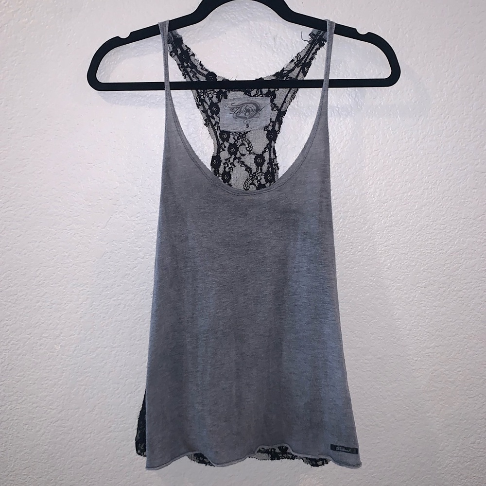 NWOT Tank Top Solid Grey Front, Lace Black Back